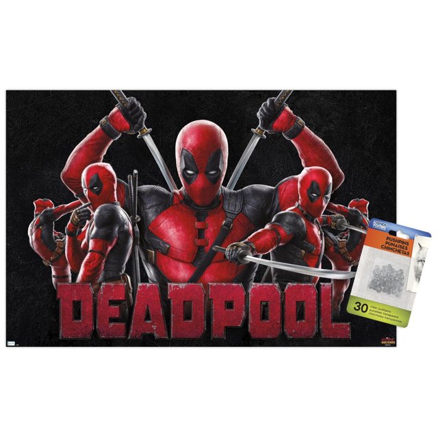 Marvel Deadpool & Wolverine - Deadpool Wall Poster, 14.725" x 22.375" framed featuring five Deadpool figures in red and black suits wielding swords and guns on a textured black background with bold red DEADPOOL text, suitable for bedroom, office, or dorm wall decor.