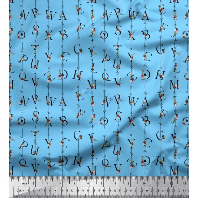 Soimoi Blue Cotton Cambric Fabric Floral Alphabet Text Decor Fabric Printed Yard 42 Inch Wide