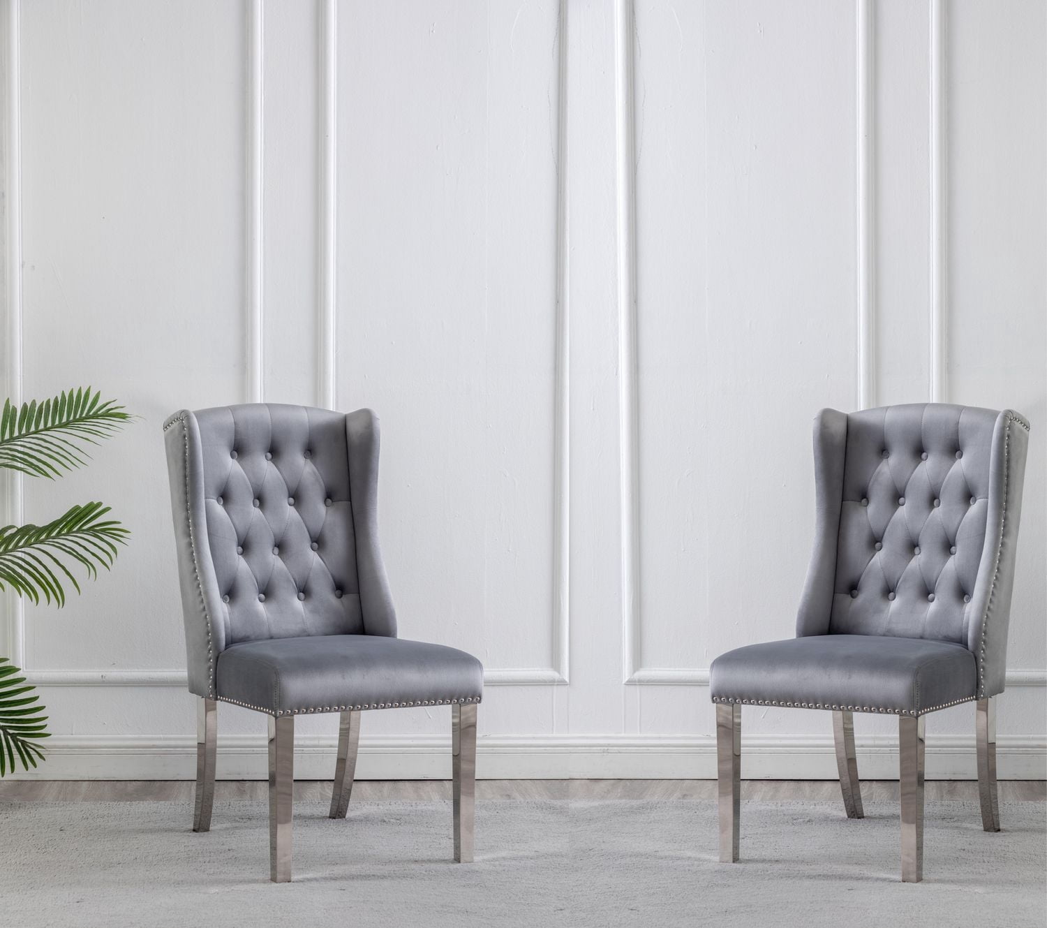 CHAISES K-LIVING FILA EN VELOURS TOUFFETÉ DE COULEUR GRIS AVEC PIEDS EN ACIER INOXYDABLE ET POIGNÉE ARRIÈRE ROBUSTE (2 CHAISES)