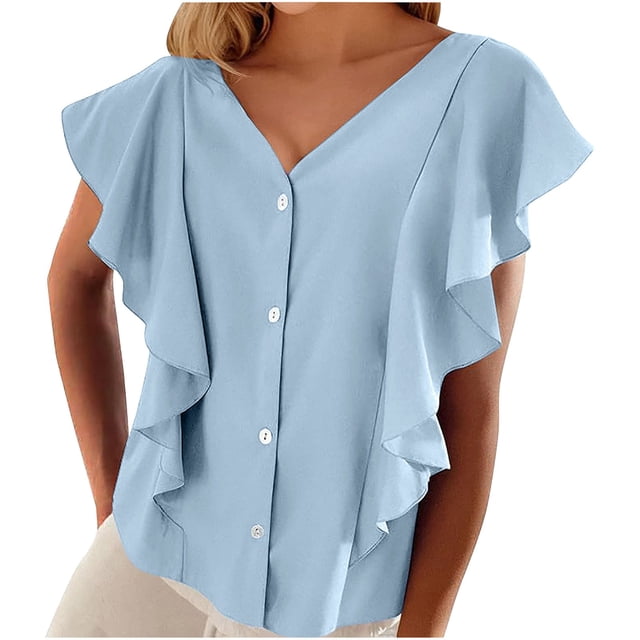 Timegard Summer Tops for Women V Neck Ruffle Cap Sleeve Chiffon Lightweight Button up Shirts Loose Casual