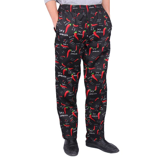 EIMELI Men Stripe Plaid Chili Printed Hotel Restaurant Kitchen Chef Work Long Pants(Type 4# L)