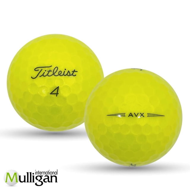 Mulligan - 48 Titleist AVX 5A Recycled Used Golf Balls, Yellow showing two yellow dimpled golf balls, one with the black Titleist logo and number 4, the other with AVX branding, designed for advanced players and made from recycled materials, suitable for eco-friendly golf play.