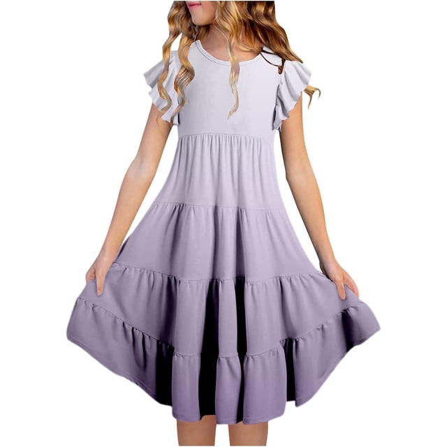 FhsagQ Robes Filles Été Dégradé Col Rond Manches Volantées Ligne à Étages Robe Décontractée Respirante Confortable Robe Ludique pour Enfants Tout-Petits Fête d'Anniversaire Tenue Quotidienne Violet Pâle 10-11 Ans
