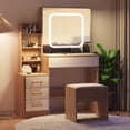 thumbnail image 1 of Towallmark Modern Vanity Desk with Sliding LED Mirror, 4 Drawers, Power Outlet, Storage Shelves, Adjustable Lighting, Cushioned Stool – Bedroom Makeup Table, Wood Color, 1 of 7