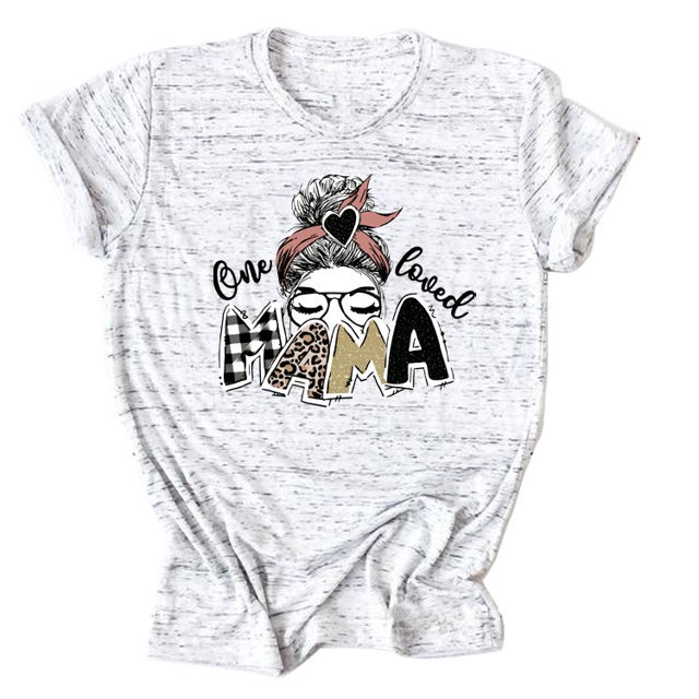 T-shirt Décontracté à Manches Courtes et Col Rond pour Femme avec Lettres « One Loved Mama »