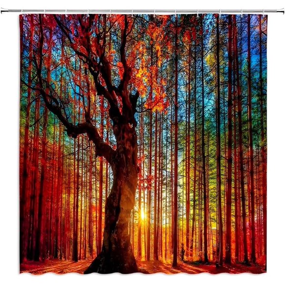 Fall Forest Shower Curtain – Autumn Tree Sunset Woodsy Romantic Scene – Seasonal Outdoor Nature Decor – Transform Your Bathroom into a Cozy Autumn Retreat – Polyester Curtains with Hooks