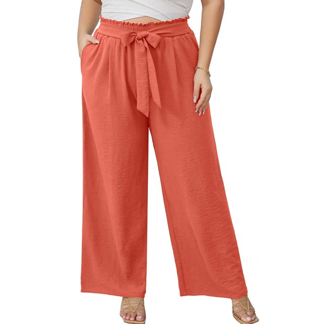 Showmall Plus Size Women's 4X Lightweight High Waisted Wide Leg Pants with Pockets