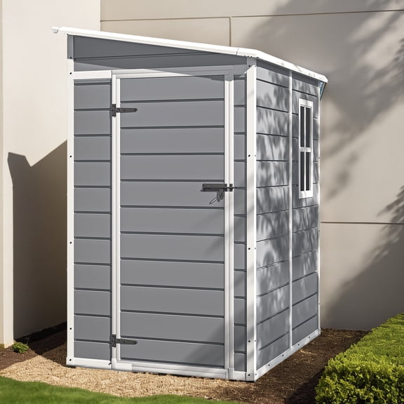 DEXTRUS Remise de Rangement Extérieure en Résine 5 X 4 Pi avec Toit en Pente, Plancher, Porte Verrouillable, Fenêtre, Imperméable, Résistante aux UV, Gris