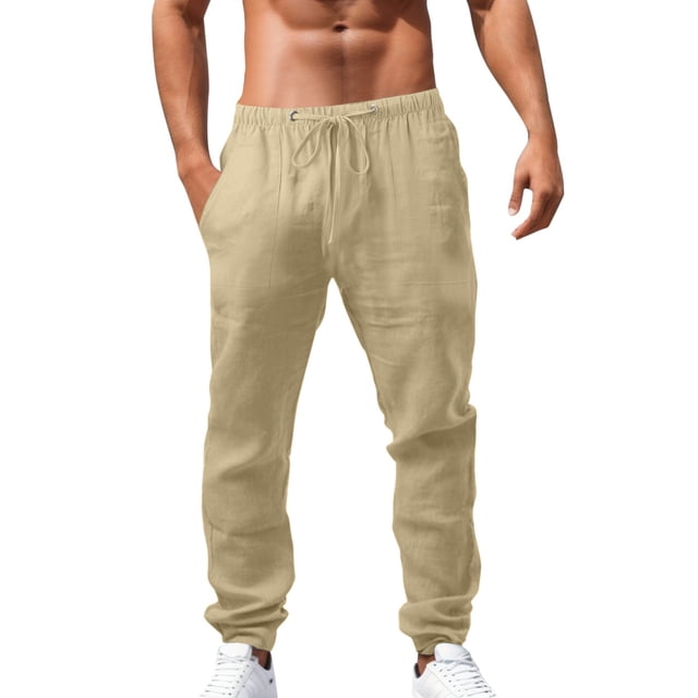 Men's Loose Plus Cotton Linen Summer Breathable Casual Cropped Pants Solid Drawstring Sweatpants Joggers