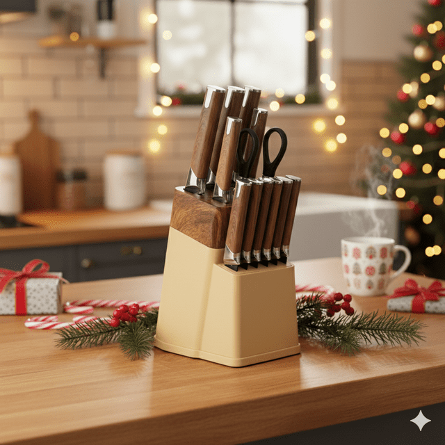 13 Pcs Kitchen Knife Set With Block And Sharpener High Carbon Stainless Steel Cutlery Kitchen Knife Block Set Dishwasher Anti-Slip Handle Brown