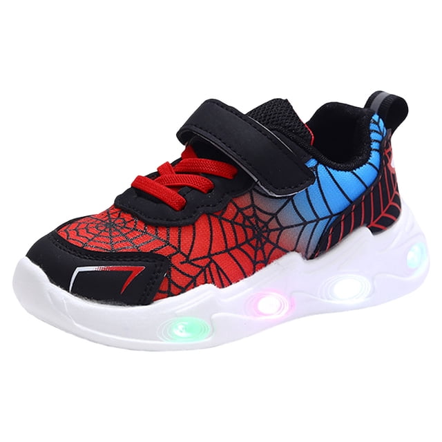 Zshosam Chaussures Garçon Chaussures Enfants Chaussures de Course Chaussures de Sport Garçons Chaussures Décontractées de Printemps et d'Automne en Rouge et Noir avec Motif Toile d'Araignée. Comprend un Matériau PU Léger, une Tige en Maille Respirante et une Semelle Antidérapante. la Chaussure Comprend une Fonctionnalité Lumineuse avec Piles à Bouton et une Sangle Auto-Agrippante pour un Enfilage Facile. Convient aux Tout-Petits, Taille 8.