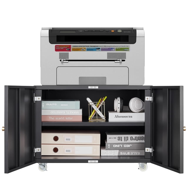 GloryStar Metal Printer Stand with Doors, Rolling Office Cabinet with File Storage and Adjustable Shelves