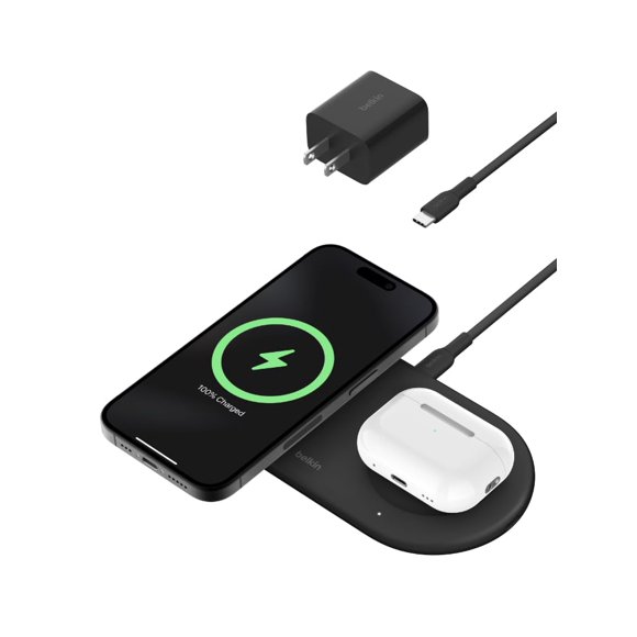 Belkin 2-in-1 Wireless Charging Pad w/ Qi2 15W + Additional USB-C Port - MagSafe-Compatible Charger, Charging Station for iPhone 16 & 15 Series, Sams