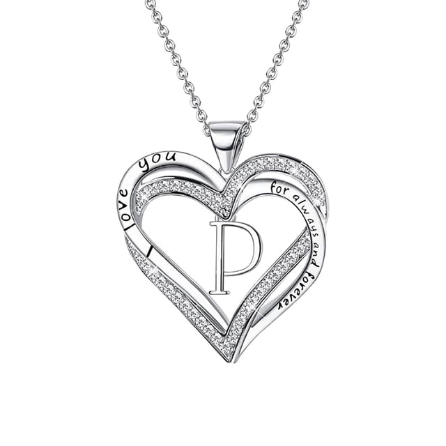 Ladies Double Heart Diamond Necklace With 26 English Letters Couple Necklace