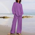 thumbnail image 1 of EGNMCR Women 2 Piece Linen Outfits Solid Color Long Sleeve Suit Drawstring Wide Leg Pants with Pockets Womens Lounge Sets, 1 of 7
