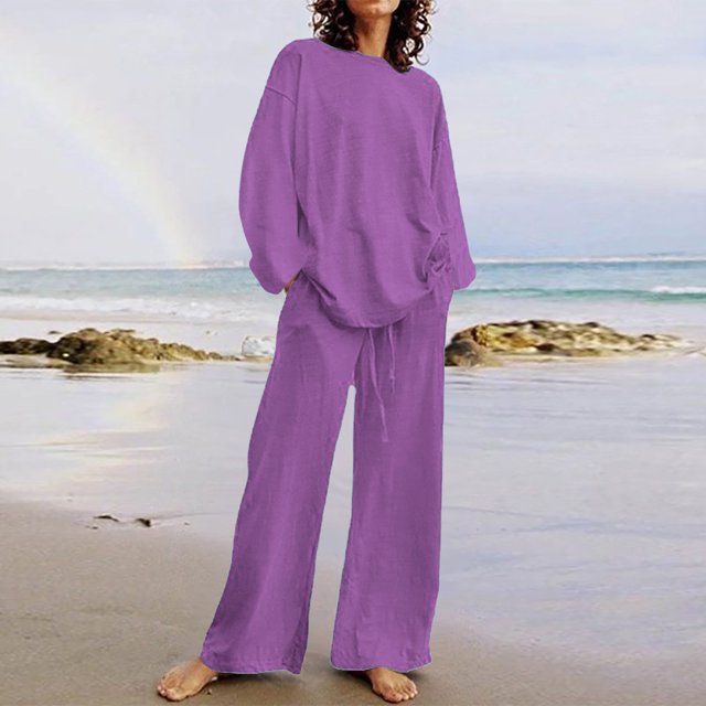 EGNMCR Women 2 Piece Linen Outfits Solid Color Long Sleeve Suit Drawstring Wide Leg Pants with Pockets Womens Lounge Sets