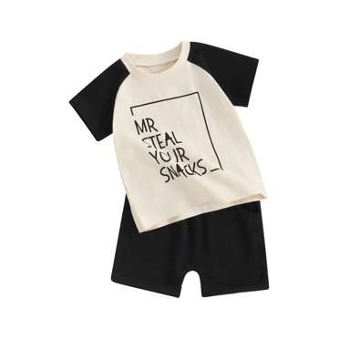 EYIIYE Bambin Garçons Shorts d'Été Ensemble 0-3Y Bébé Manches Courtes T-shirt Raglan Lettres Imprimé Chemise Col Rond Tops avec Taille Élastique Short en Vrac Tenue Quotidienne Décontractée