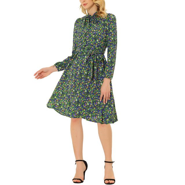 INSPIRE CHIC Robe Vintage à Fleurs pour Femme à Col Noué en Chiffon à Manches Longues avec Ceinture TP Vert