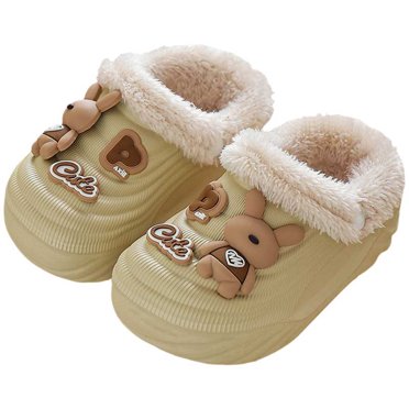 Dakaela Sabots Doublés pour Enfants Mignons Dessin Animé à Enfiler Chaussures de Jardin pour Garçons Filles Tout-Petits Doublés en Molleton Pantoufles d'Hiver pour la Maison Intérieur Extérieur Kaki 12