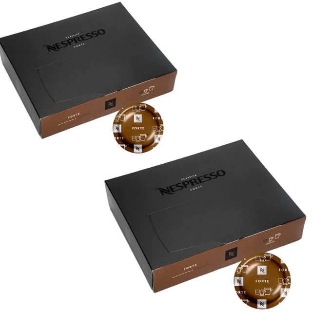 Nespresso Professional Forte capsules 100 count (2 PACK) with two boxes of 50 single-serve coffee pods each. The packaging features a sleek black and brown design with the Nespresso logo and Forte branding. Airtight aluminum capsules preserve freshness and aroma, ideal for bold espresso or Americano-style drinks.
