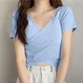 thumbnail image 2 of Timegard Crop Tops for Women V Neck Short Sleeve Irregularly Solid Color Casual Fitting Tee Fashion, 2 of 3