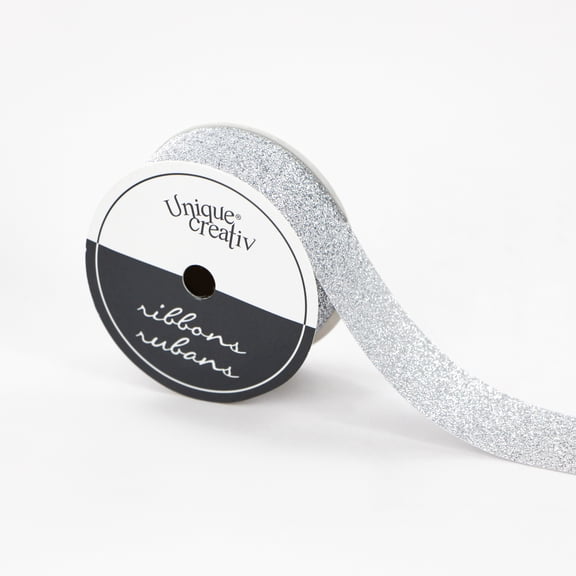 UNIQUE CREATIV Glitter Cut Ribbon, Silver, 25 mm × 4.5 m (1 in × 5 yd)