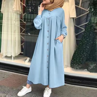 TopLLC Longues Robe à Manches à Col Rond la Mode Robe d'Hiver pour Femme Grande Taille Décontractée Col Rond Ample Aguichant Boutons Poche Robe Imprimée à Manches Longues Robe pour Femme