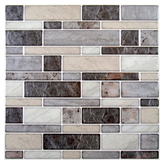Truu Design Peel and Stick Subway Backsplash Wall Tiles displaying a staggered pattern of grey, beige, and dark brown rectangular tiles with a glossy marble-like finish and white grout lines, made from durable, water-resistant PVC epoxy, suitable for kitchen or bathroom backsplash and accent walls.