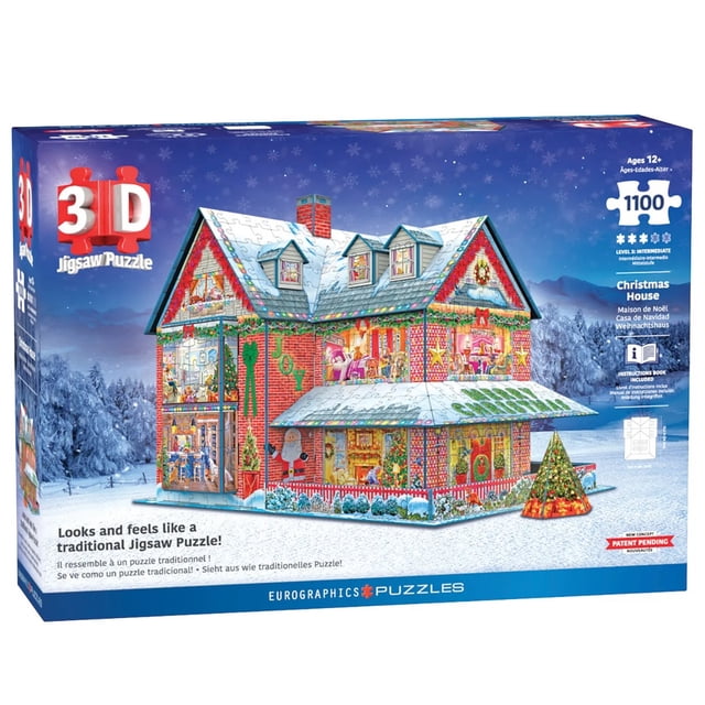 Eurographics 3D Christmas House 1100 Piece Puzzle showcasing a festive holiday-themed house design. The box highlights the completed 3D jigsaw puzzle with snow-covered roofs, holiday decorations, and vibrant colours. Includes 1100 pieces, numbered glue sheets, support bars, and detailed instructions for assembly. Perfect for puzzle enthusiasts and holiday decor. Suitable for ages 13 and up.