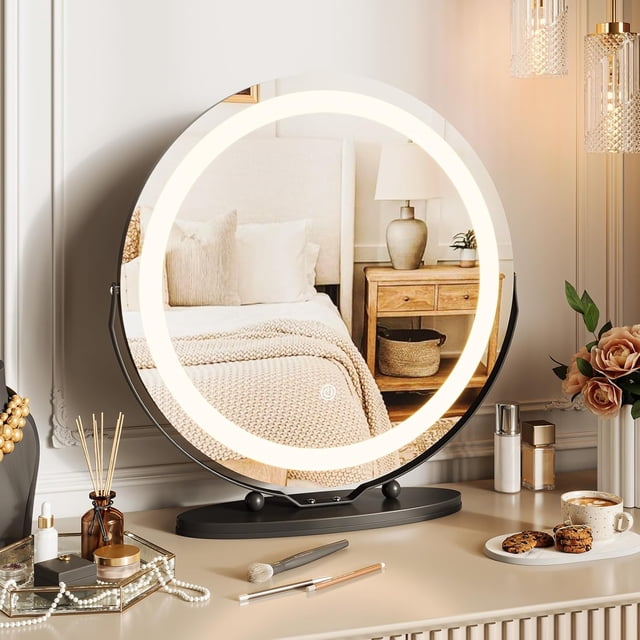 Bingirl 19-inch Vanity Mirror with LED Lights: Large Round Makeup Mirror with Touch Control and 3 Color Lighting Modes, Easy to Install, Black, for Bedroom Tabletop or Living Room