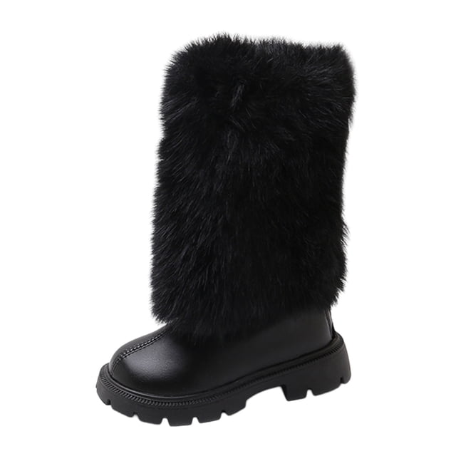 DHFJKG Girls Boots Mid Calf Boots With Zipper Fuzzy Lining Leather Upper Round Toe Lug Sole Non Slip Booties For Cold Weather Winter Gear Versatile Shoes
