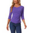 thumbnail image 1 of INSPIRE CHIC Women's V Neck 3/4 Sleeves Solid Knitted Buttons Decor Ruched Top Violet XL, 1 of 5