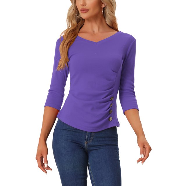 INSPIRE CHIC Women's V Neck 3/4 Sleeves Solid Knitted Buttons Decor Ruched Top Violet XL