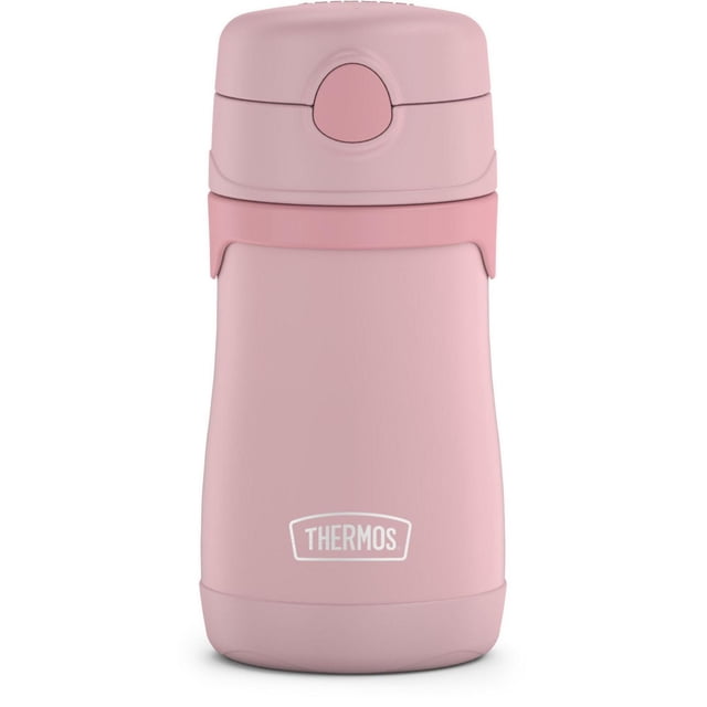 Thermos Baby Vacuum Insulated Stainless Steel 10 Oz Straw Bottle in pink with vacuum insulation keeping drinks cold up to 12 hours, featuring a hygienic push-button lid, pop-up silicone straw, durable double-wall stainless steel construction, and a non-slip base for toddler grip.