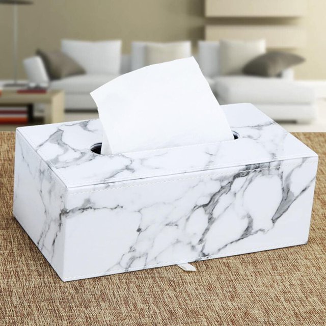 ORUYROP Leather Tissue Box Holder-Waterproof Rectangular Tissue Box Cover Vintage Napkin Paper Holder for Home,Office&Car Decor (White Marble)