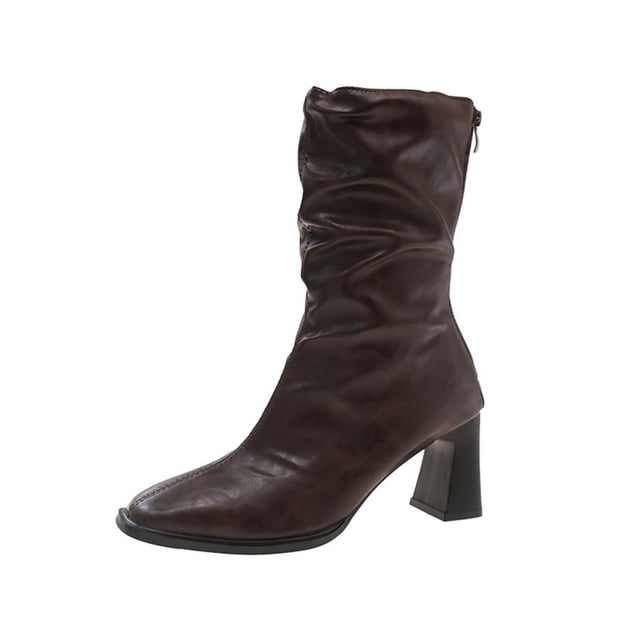 Coffee Mid Calf Boots For Ladies Pointed Toe Rear Zipper Chunky Heel High Heel Pleated Winter Casual Shoes For Cold Weather Outings Size 37