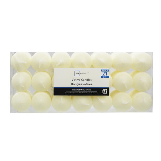 Mainstays 21PK Unscented Ivory Votive Candles in a clear plastic pack containing 21 round ivory wax votive candles with cotton wicks, each 1.5 inches diameter by 1.6 inches height. These unscented candles provide about 10 hours of burn time, suitable for everyday use, emergency lighting, or creating warm ambient light. They fit any votive holder and are often used with other candle styles for decorative candle scaping in home décor.
