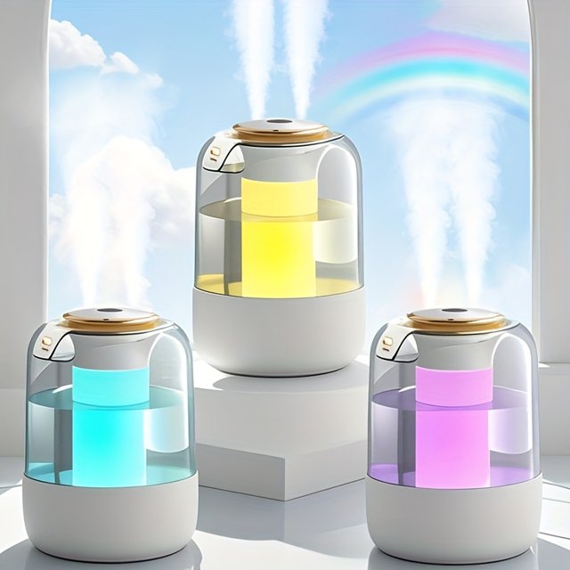 A single unit air humidifier with a 74.39oz large capacity, featuring dual spray options and ambient lighting. This USB-powered cool mist humidifier, made of ABS material, also serves as an aromatherapy diffuser to alleviate dry air. Displayed in a bright setting with three units showcasing colourful LED lights in blue, yellow, and purple.
