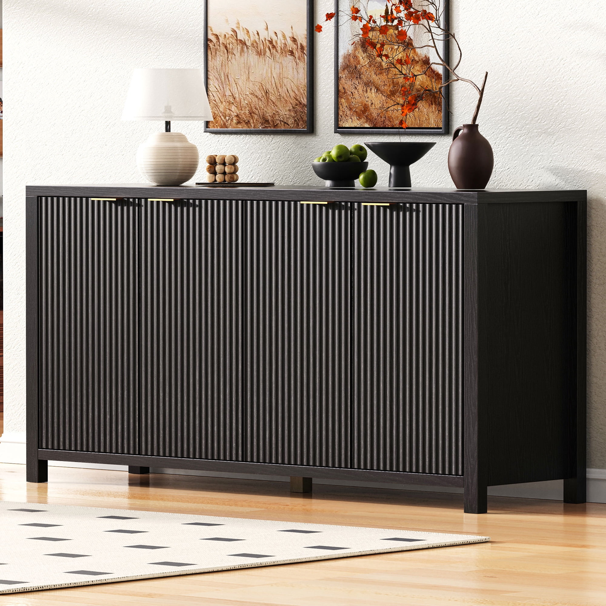 Noble House 55" Armoire buffet dentelé, armoise de campagne à 4 portes avec étagères réglables pour la salle à manger, noir