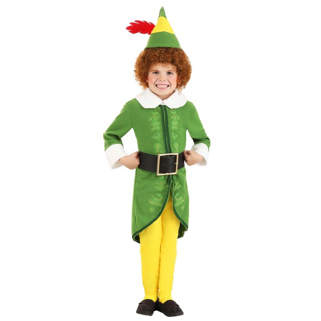 costume d'Halloween Buddy the Elf pour Tout-Petit Garçon, Comprenant une Tunique en Molleton Verte avec Col et Poignets sherpa, des Feuilles et des Vignes Brodées à l'Avant, des Collants en Tricot jersey Jaunes avec Pieds Fermés, et une Ceinture en Similicuir avec Boucle Ton Laiton. Comprend un Chapeau en Molleton à Dos Mousseux avec une Plume Feutre Rouge. sous Licence Officielle et Fabriqué en Tissus de polyester.