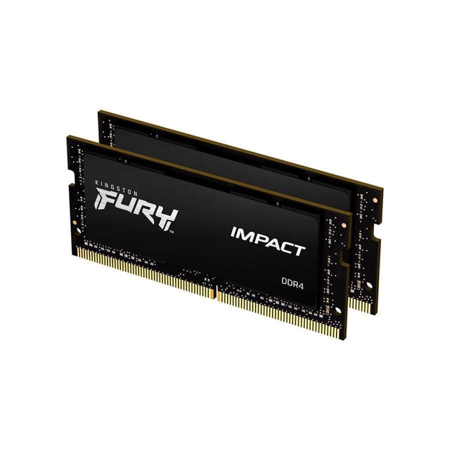 Kingston Fury Impact 32 Go 3200 MHz DDR4 CL20 SODIMM Ensemble de 2 Montrant Deux modules de Mémoire pour Portable Noirs avec Connecteurs Dorés, Conçus pour les Systèmes AMD Ryzen et Intel, avec certification Intel XMP, overclocking Plug N Play et Faible Consommation d'Énergie 1,2 V.