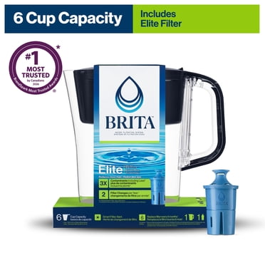 Petit pichet de filtration d’eau Brita d’une capacité de 6 tasses avec 1 filtre Brita Elite, sans BPA, modèle Denali noir