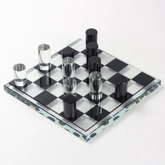 Luxury Glas Chess Set – Modern Transparent & Black Cylinder Pieces with Glass Chessboard 27 x 27 cm Gift for birthday party, holiday