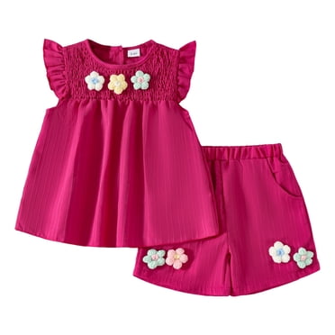 Splozh Infant Baby Girls Clothes Toddler Baby Girl Summer Flower Ruffle Sleeveless Tunic Top Shorts Set Cotton Linen Outfit 2Pcs Hot Pink,2-3 Years