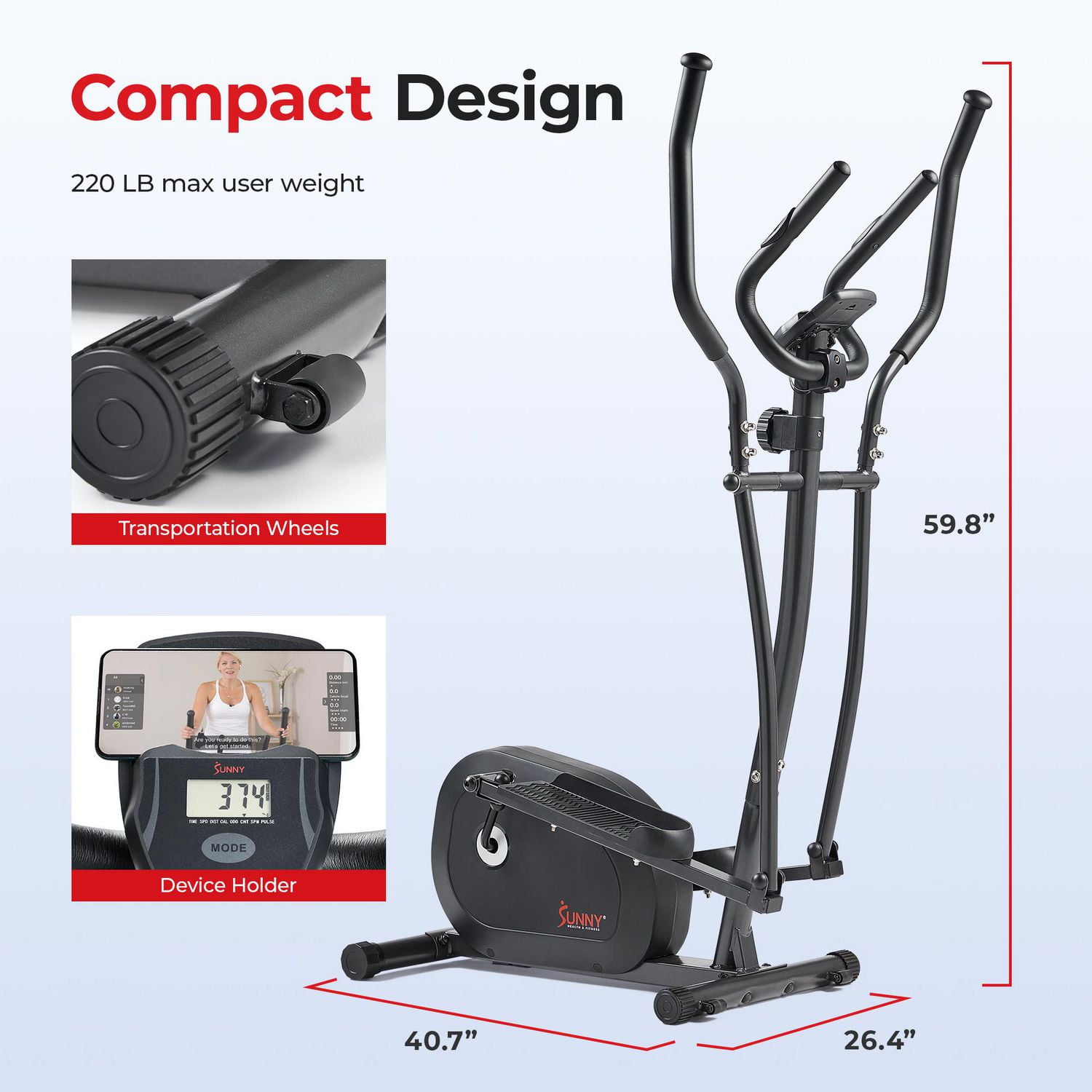 Sunny Health & Fitness Machine elliptique intelligente, entraîneur croisé corporel complet avec entraînement par courroie magnétique hyper-silencieuse, équipement d'exercice à faible impact et lien Bl