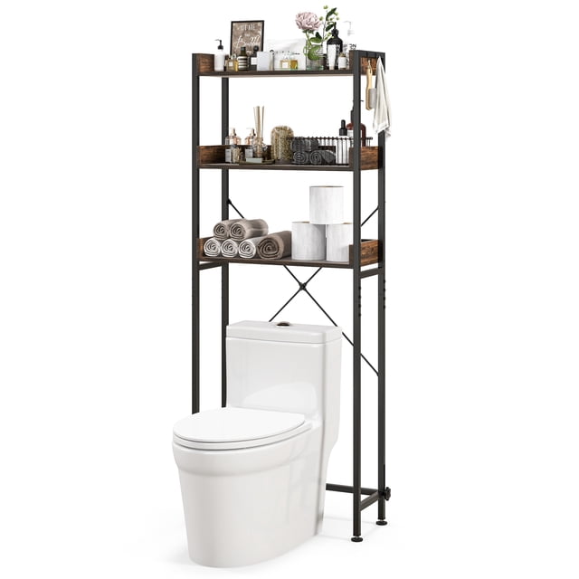 Costway 3-Tier Over-The-Toilet Bathroom Shelf Metal Frame Space Saver Rack with 4 Hooks, designed for bathroom organization. Features a rustic brown and black finish with three spacious shelves for toiletries, towels, and decor, plus four hooks for paper or towel storage. Made from rustproof metal and engineered wood, reinforced with a crossbar and X-shaped frame for durability. Adjustable feet and bottom bar accommodate various toilet sizes, making it ideal for small bathrooms. A practical space-saving bathroom organizer.