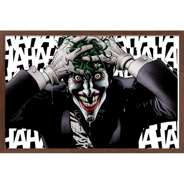 DC Comics - The Joker - Affiche Murale Folle, 22,375 Pouces x 34 Pouces Présente une illustration Encadrée Orientée vers l'Avant du Joker Saisissant Ses Cheveux Verts avec des Gants Blancs. Son Visage Blanc a des Larmes Rouges et un Grand Sourire avec des Dents Tranchantes, Portant une Combinaison Foncée et un Nœud Papillon. l'Arrière-plan Montre un Texte « HA HA » Noir Répété sur Fond Blanc. Cette Oeuvre Murale Finition Satinée Convient aux Chambres, Bureaux Ou Dortoirs