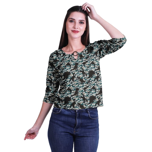Moomaya Printed Keyhole Neck Ring Top Casual 3/4th Sleeve Tees Tank Tunic Top