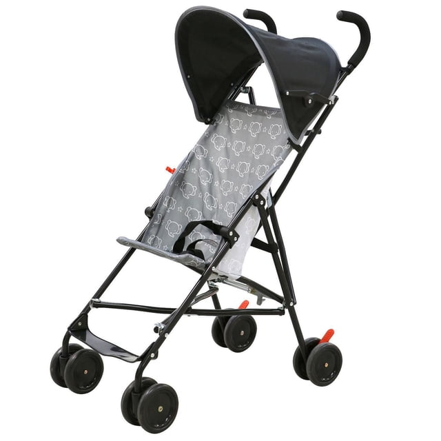 Bily Umbrella Stroller with lightweight black frame and grey fabric seat printed with white elephants, adjustable canopy, foam-covered handles, front swivel wheels, and rear brakes, designed for children 6-36 months up to 40 lbs, ideal for compact folding and travel.