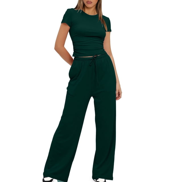 Birdeem Blouses pour Femmes 2 Pcs Mode Femme Col Rond Uni Manches Courtes Blouse + Pantalons Longs Taille Élastique Ensembles